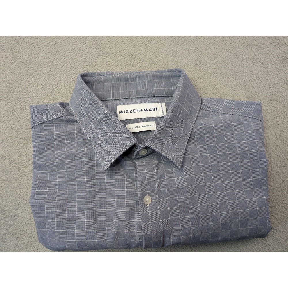 MIZZEN+MAIN Mens XX LARGE Leeward Standard Fit Blue Gray Check Dress Shirt - Picture 9 of 10